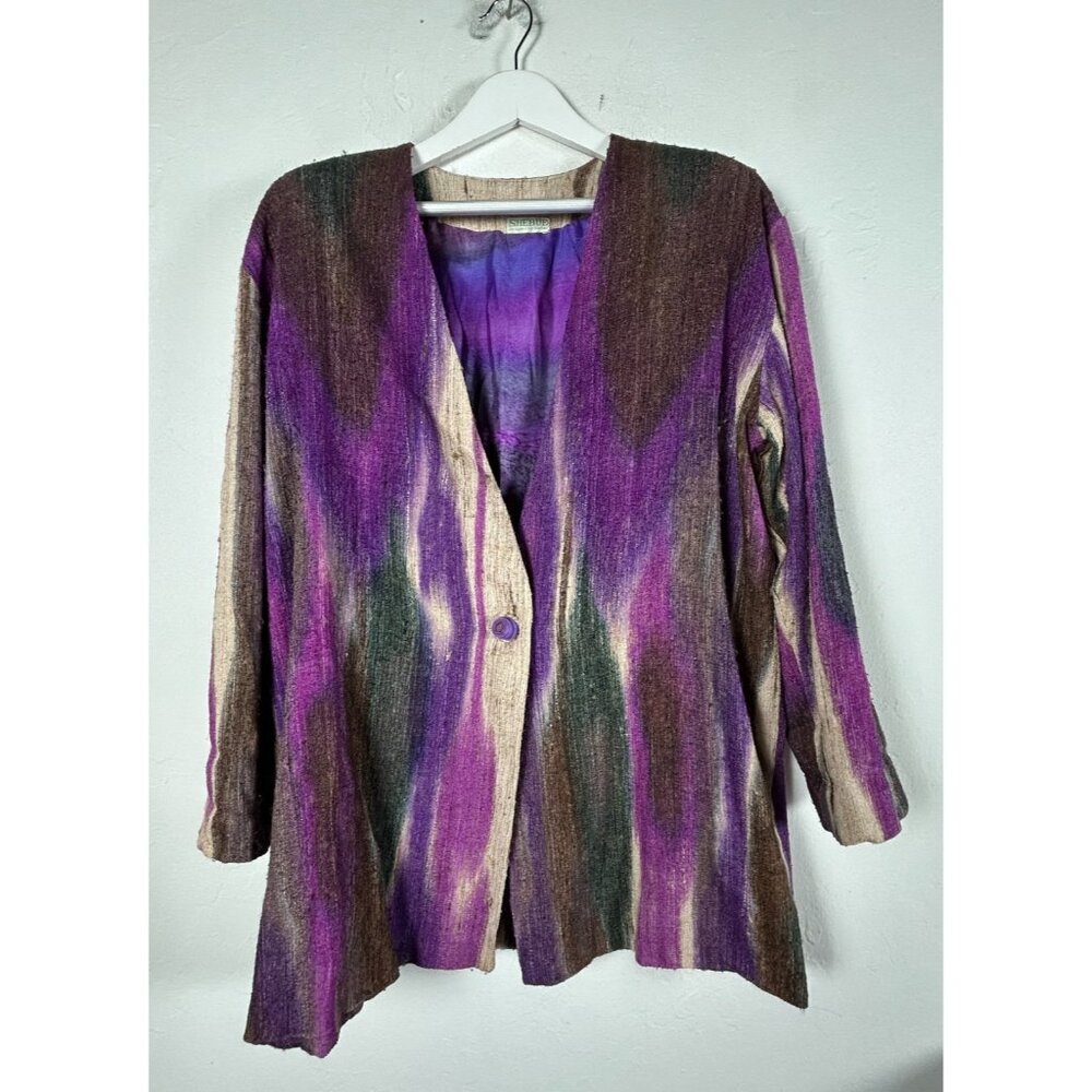 Shebue Women's Long Sleeve Cardigan Sweater Button Low V-Neck Purple Abstract